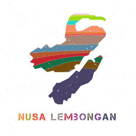 Nusa Lembongan map design. Shape of the island with beautiful geometric waves and grunge texture. Authentic vector illustration.のイラスト素材