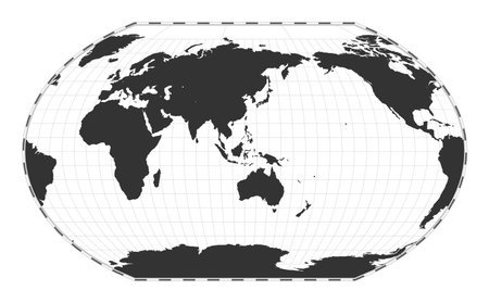 Vector world map. Kavrayskiy VII pseudocylindrical projection. Plain world geographical map with latitude and longitude lines. Centered to 120deg W longitude. Vector illustration.のイラスト素材