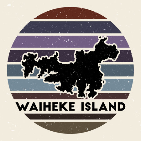 Waiheke Island logo. Sign with the map and colored stripes, vector illustration. Can be used as insignia, logotype, label, sticker or badge of the Waiheke Island.のイラスト素材