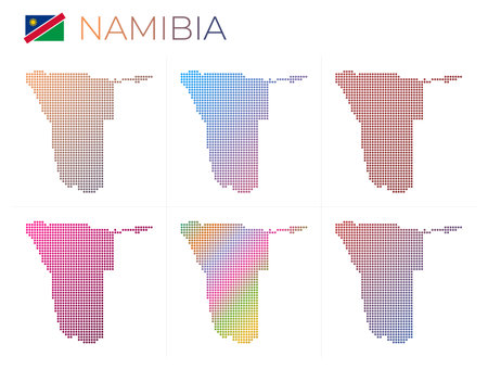 Namibia dotted map set. Map of Namibia in dotted style. Borders of the country filled with beautiful smooth gradient circles. Amazing vector illustration.のイラスト素材