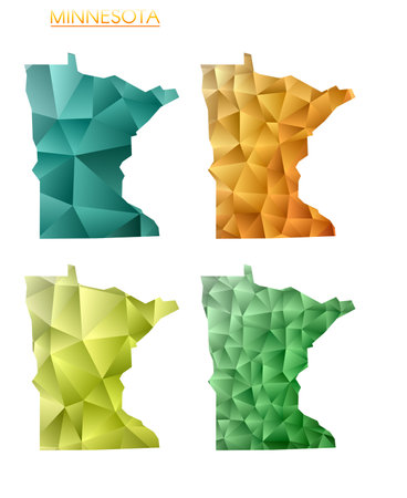 Set of vector polygonal maps of Minnesota. Bright gradient map of us state in low poly style. Multicolored Minnesota map in geometric style for your infographics. Artistic vector illustration.のイラスト素材