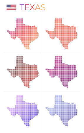 Texas dotted map set. Map of Texas in dotted style. Borders of the us state filled with beautiful smooth gradient circles. Modern vector illustration.のイラスト素材