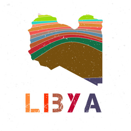 Libya map design. Shape of the country with beautiful geometric waves and grunge texture. Charming vector illustration.のイラスト素材