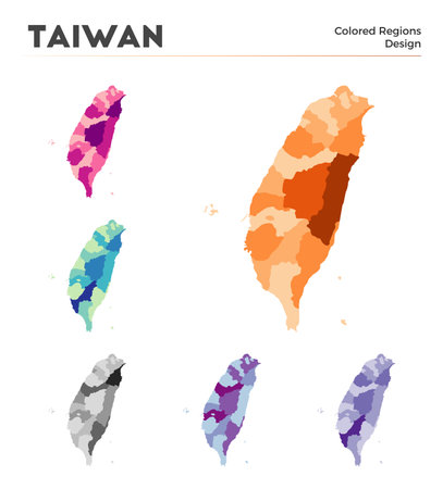 Taiwan map collection. Borders of Taiwan for your infographic. Colored country regions. Vector illustration.のイラスト素材