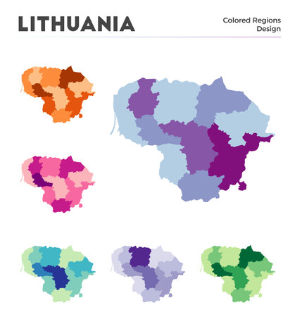 Lithuania map collection. Borders of Lithuania for your infographic. Colored country regions. Vector illustration.のイラスト素材