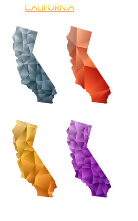 Set of vector polygonal maps of California. Bright gradient map of us state in low poly style. Multicolored California map in geometric style for your infographics. Awesome vector illustration.のイラスト素材