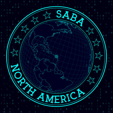 SABA round sign. Futuristic satelite view of the world centered to SABA. Geographical badge with map, round text and binary background. Beautiful vector illustration.のイラスト素材
