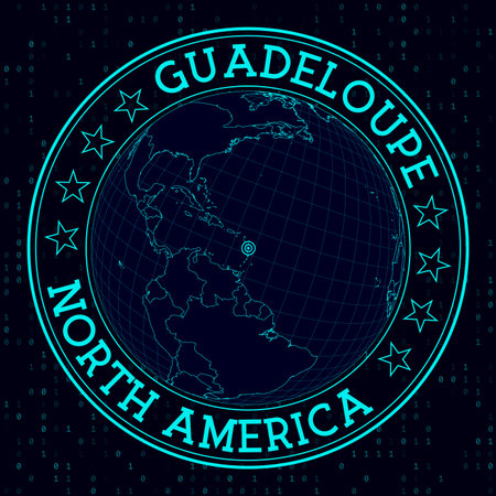 GUADELOUPE round sign. Futuristic satelite view of the world centered to GUADELOUPE. Geographical badge with map, round text and binary background. Vibrant vector illustration.のイラスト素材