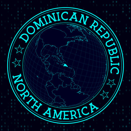 DOMINICAN REPUBLIC round sign. Futuristic satelite view of the world centered to DOMINICAN REPUBLIC. Geographical badge with map, round text and binary background. Astonishing vector illustration.のイラスト素材