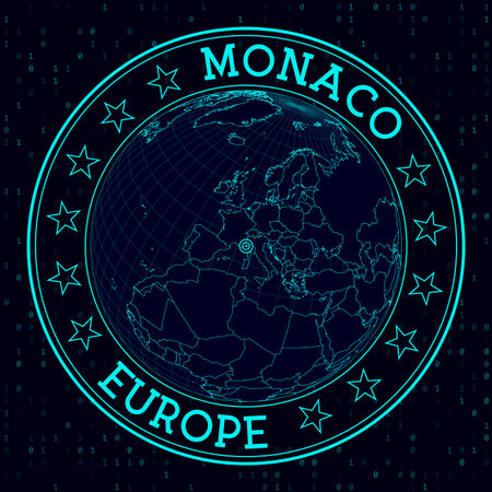 MONACO round sign. Futuristic satelite view of the world centered to MONACO. Geographical badge with map, round text and binary background. Powerful vector illustration.のイラスト素材
