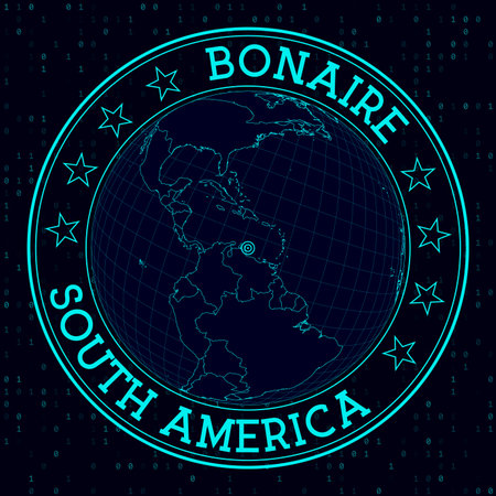 BONAIRE round sign. Futuristic satelite view of the world centered to BONAIRE. Geographical badge with map, round text and binary background. Captivating vector illustration.のイラスト素材