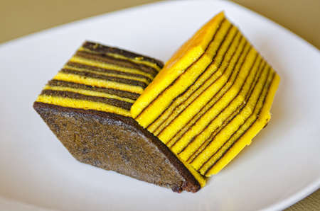 two pieces cake with yellow layers and chocolate layersの写真素材