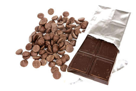 Chocolate bar and chocolate chip isolated on white background