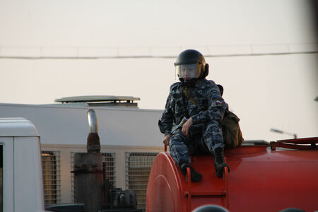 MOSCOW, RUSSIA - may 6, 2012  Unknown police videographer during the action of the Russian opposition for fair elections, may 6, 2012, Bolotnaya square, Moscow, Russiaのeditorial素材