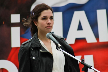 MOSCOW, RUSSIA - March 15, 2014: Nadia Tolokonnikova (Pussy Riot) on the peace March in support of Ukraine, the March of Russian opposition against war with Ukraineのeditorial素材