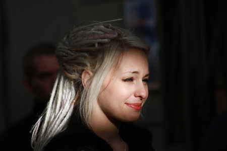 Moscow, Russia - June 18, 2014  Young girl in the image of Daenerys Targaryen from a Game of Thrones  Public event company Amedia in honor of the end of the 4th season of  Game of Thrones  on the service Amediateka and presentations of new TV seriesのeditorial素材