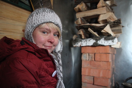 Khimki, Russia - February 1, 2012. Policies Evgeniya Chirikova in the trailer ecologists, eco-camp in the Khimki forestのeditorial素材