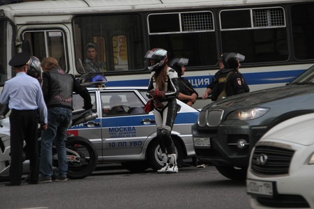 Moscow, Russia - July 18, 2013. Motorcyclists made in support of an opposition politician Alexei Navalny. Thousands of Muscovites went on this day in support of arrested opposition leader Alexei Navalnyのeditorial素材