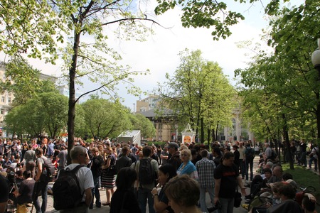 Moscow, Russia - May 8, 2012. Protesting against violations on elections the opposition occupied the square tease a monument to the poet to Abay, this movement received the name of Okkupay Abayのeditorial素材
