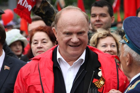 Moscow, Russia - May 9, 2012. March of communists on the Victory Day. Leader of communist party of...