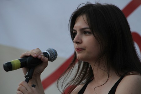 Moscow, Russia - July 26, 2012. the politician Isabel Makgoyeva supports political prisoners on meeting. The first meeting in protection of the prisoners arrested for protest events on Bolotnaya Square on May 6, 2012 in Moscowのeditorial素材