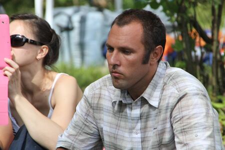 Khimki, Moscow region, Russia - August 19, 2012. Ecologists Suren Gazaryan at a meeting of activists in the Khimki forest. Representatives of different political forces gathered to propose the single candidate from opposition on elections in Khimki - to Eのeditorial素材