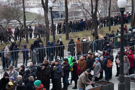 Moscow, Russia - March 3, 2015. Turn to the farewell ceremony with politicians Boris Nemtsov....