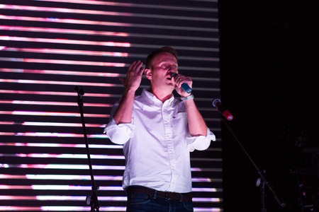 Moscow, Russia - September 20, 2015. Politician Alexei Navalny speaking at the opposition rally. A Russian opposition rally for democracy. Moscow city area Marinoのeditorial素材
