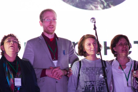 Moscow, Russia - September 20, 2015. Speakers at the opposition rally in Moscow. A Russian opposition rally for democracy. Moscow city area Marinoのeditorial素材