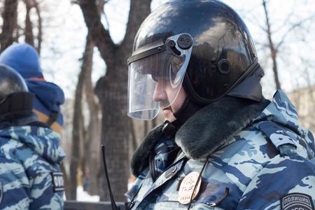 Moscow, Russia - February 27, 2016.  Police at the opposition rally in memory of Nemtsov. March in memory of Boris Nemtsov. On the anniversary of the murder of Russian opposition politician, the opposition held a protest March in Moscowのeditorial素材