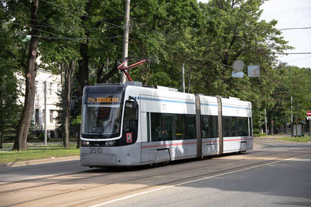 Modern tram on the streets of Moscow. Urban transport