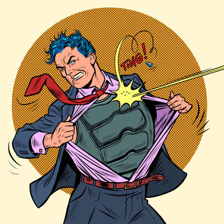 A superhero businessman tears up a suit. Bulletproof bodyのイラスト素材
