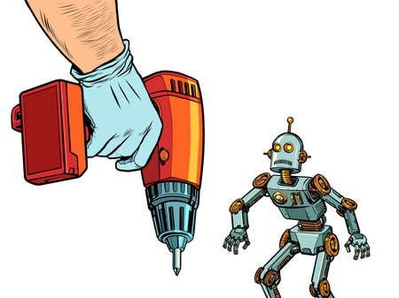 Repair of robotics concept. The robot and the drillのイラスト素材