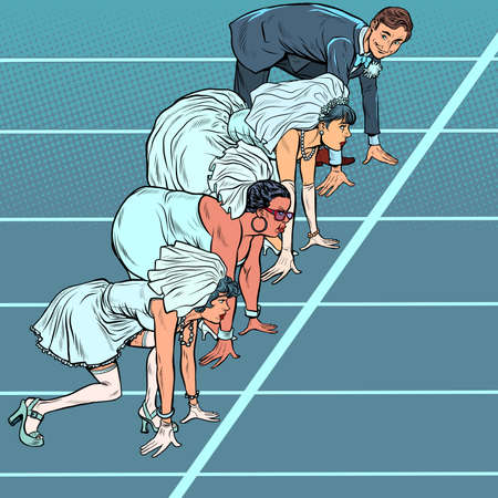 The groom and several brides at the start. Wedding humorのイラスト素材