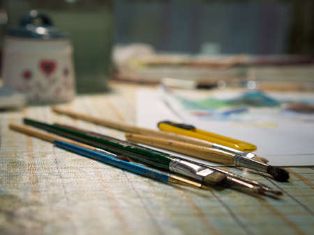Paintbrushes on a table. Closeup view.の写真素材