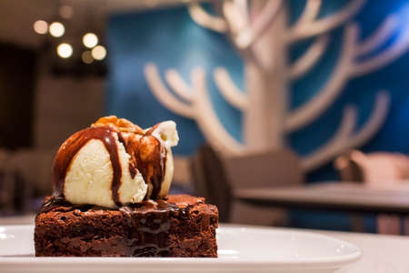 Chocolate brownie with vanilla ice-cream and chocolate sauce served on a plate in a restaurantの写真素材