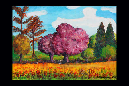 pictorial work at hand painted oil painting: waiting for springの写真素材