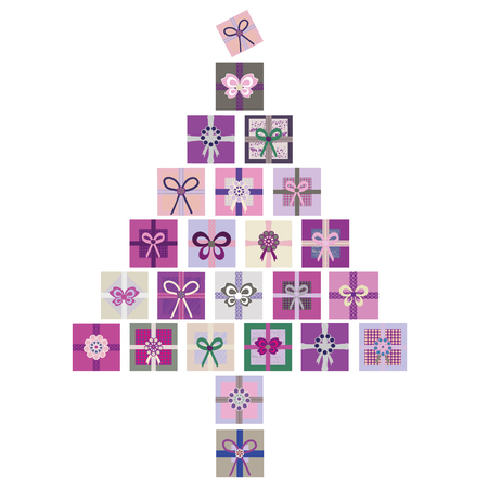 Purple, pink and green vector isolated illustration of Christmas tree made from stacks of presents. Great for Christmas projects, marketing, advertising, stationeryのイラスト素材