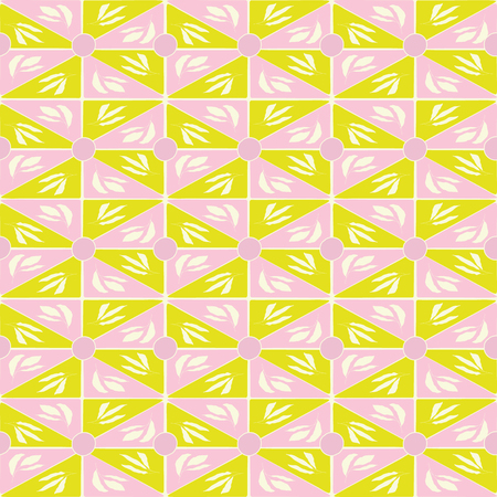 Hand drawn lime green and pink geometric triangle and leaves mosaic design. Seamless vector pattern with organic beach vibe. Great for wellbeing products, packaging, giftwrap,fabric, stationeryのイラスト素材