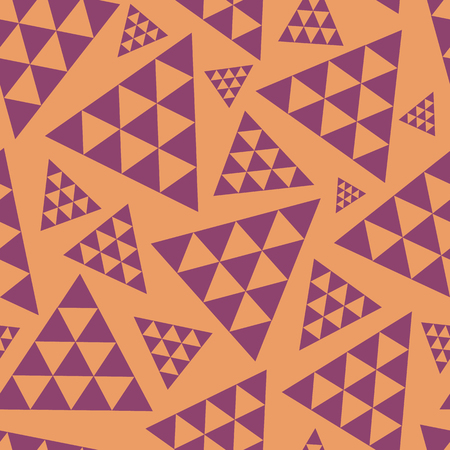 Orange and purple random triangle repeat vector pattern. Modern lively boho vibe. Great for yoga, beauty products, home decor, gift wrap, stationery, packaging.のイラスト素材