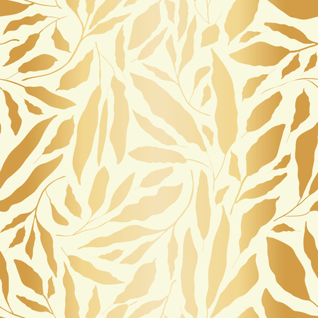 Variety of gold foil hand drawn leaves scattered on light background. Elegant seamless vector repeat pattern. Great for wedding, wellbeing, organic, beauty, spa products, giftwrap, stationery.のイラスト素材