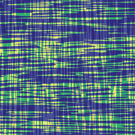 Contemporary blue and green brushed lines in with transparent water color effect. Vector seamless plaid pattern on yellow background. Perfect for packaging, wellness products, fabric, stationery, wrapのイラスト素材