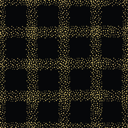 Hand drawn random gold sparkly grid design. Seamless geometric vector pattern on black background. Great for packaging, fabric, cosmetics, ties, stationery, brochures, marketing, Christmasのイラスト素材