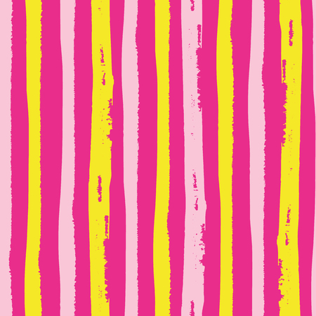 Tropical painterly light pink and yellow vertical grunge stripes. Seamless vector pattern on hot pink background. Great for wellbeing, beauty, summer, kitchen products, party, packaging, stationery.のイラスト素材