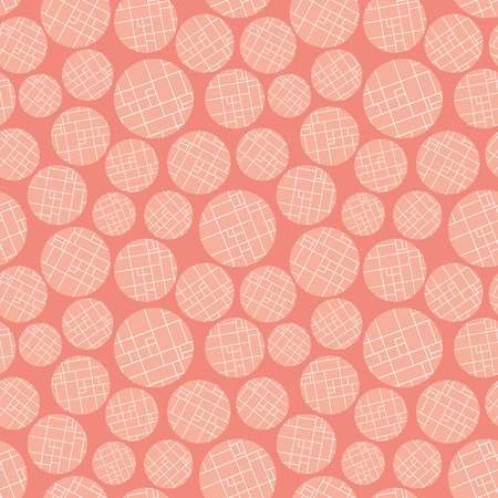 Modern peach and white colored grid textured circles on warm pink background. Seamless abstract vector pattern. Perfect as a texture for wellness, cosmetic products, fabric, stationery packaging.のイラスト素材