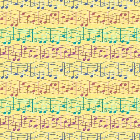 Funky multicolor musical notes on doodle lined staff in striped effect geometric design. Seamless vector pattern on textured yellow background. Great for birthday, novelty products, stationery, giftsのイラスト素材