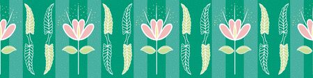 Beautiful hand drawn pink flowers and foliage border design with dense dotted texture. Seamless vector pattern on striped teal background. Great for wellness, beauty, wedding, packaging, stationery.のイラスト素材