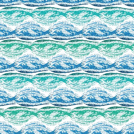Abstract hand drawn blue, teal and turquoise wave design. Seamless geometric vector pattern on fresh white background. Great for wellness, beauty, spa products, fabric packaging, home decor, texture.のイラスト素材
