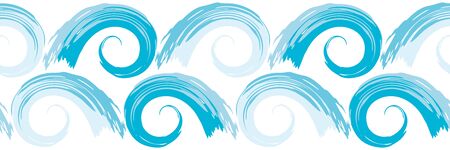 Hand drawn opposing rows of blue ocean waves in border design. Seamless geometric vector pattern on fresh white background. Great for marine themed products, wellness, beauty, stationery, bathroom.のイラスト素材