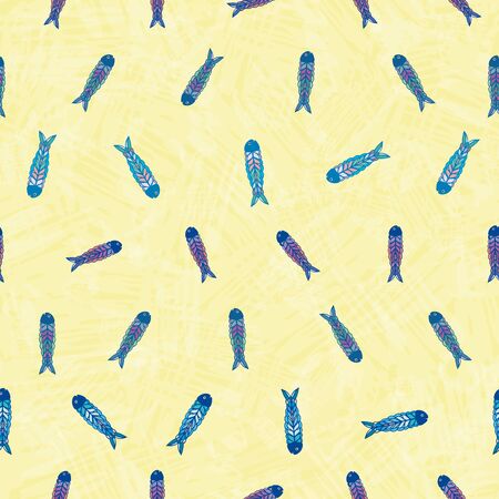 Hand drawn multicolor fish in folk art style design. Seamless vector pattern on sunny yellow textured background. Great for beach, food, kitchen, cafe products, stationery, packaging, fabricのイラスト素材
